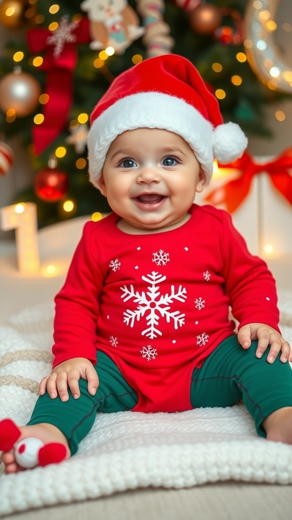 A baby in a red Christmas onesie with green pants and a Santa hat, sitting on a blanket with holiday decorations.